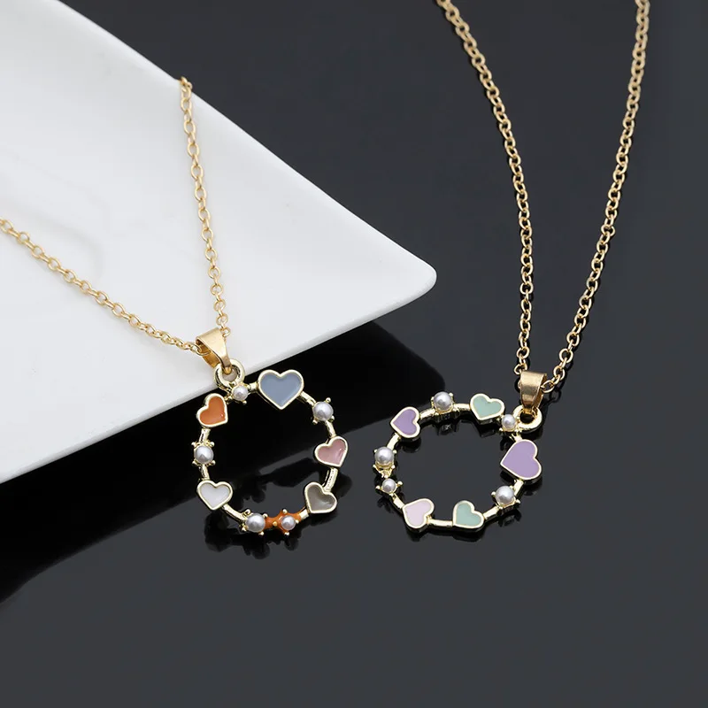 

5pcs Love heart wreath geometric round circle Enamel Crystal zircon clavicle colorful mother ladies love gift necklace jewelry