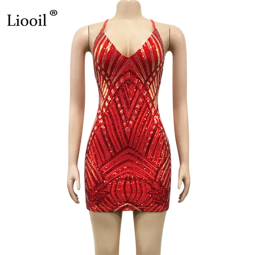 

Liooil Sexy Backless Sequin Bodycon Mini Dress Women Sleeveless V Neck Drawstring Blue Red Short Dresses Woman Party Night Club