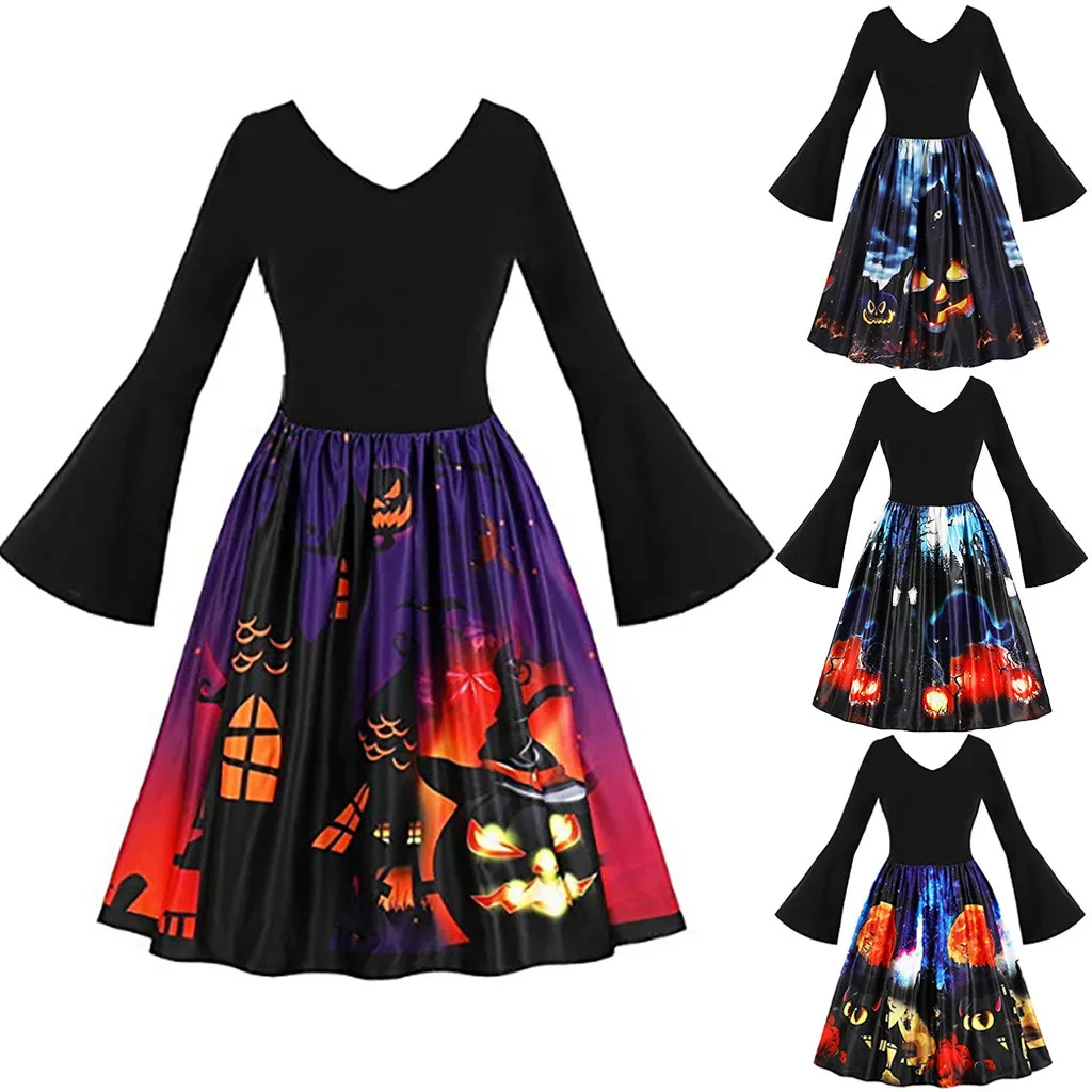 Винтажное черное платье на Хэллоуин женские платья средней длины с принтом тыквы