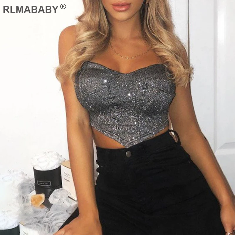 

Сверкающий пикантный женский укороченный топ RLMABABY без бретелек с открытой спиной без рукавов Летний женский короткий топ повседневная Ули...