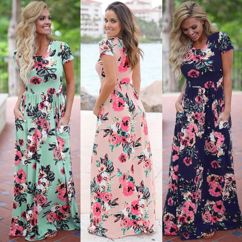 

2021 Summer,Short Sleeve,Fashion, Round Neck,Printing, Beach Casual Dress,Long Skirt, Large Women's Clothing, 2020,free Shipping