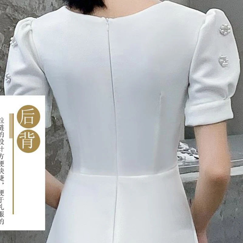 

wedding guest dress Slim vestido long white French noble banquet ladies evening dress pearl V-neck elegant wedding dress new