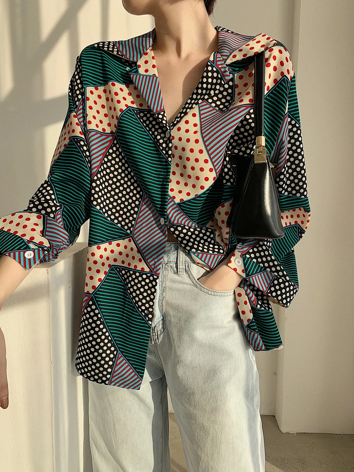 CHEERART Designer Chiffon Blouse Lapel Long Sleeve Button Up Shirt Women Ladies Top Color Block Korean Fashion Clothing | Женская одежда