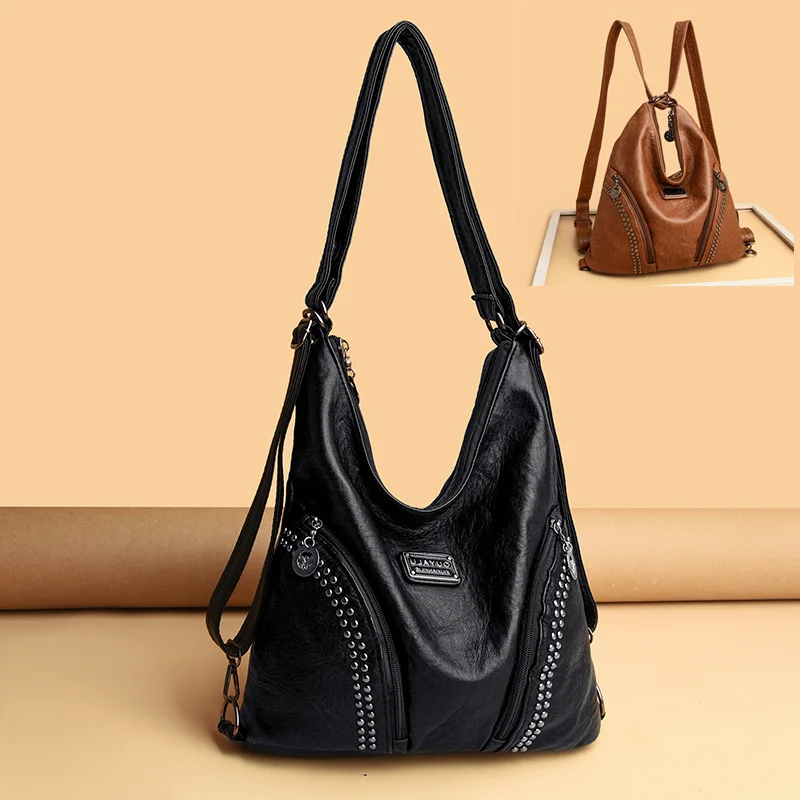 

Women Luxury Brand Shoulder Bag Rivet Soft Leather Handbag Multifunction Backpack Large Capacity Ladies Messenger Bag Sac a Main