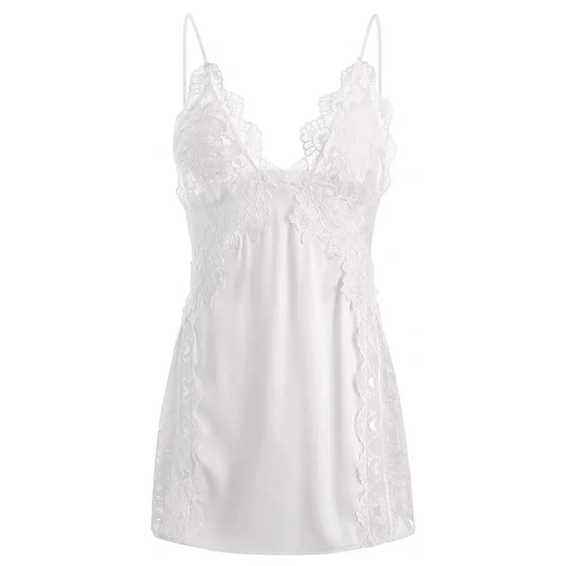 

Sexy Lace Joint with Silk Nightgown Transparent Deep-V Dress Adjustable Spaghetti Strap Sleeveless Pajama For Women Intimates