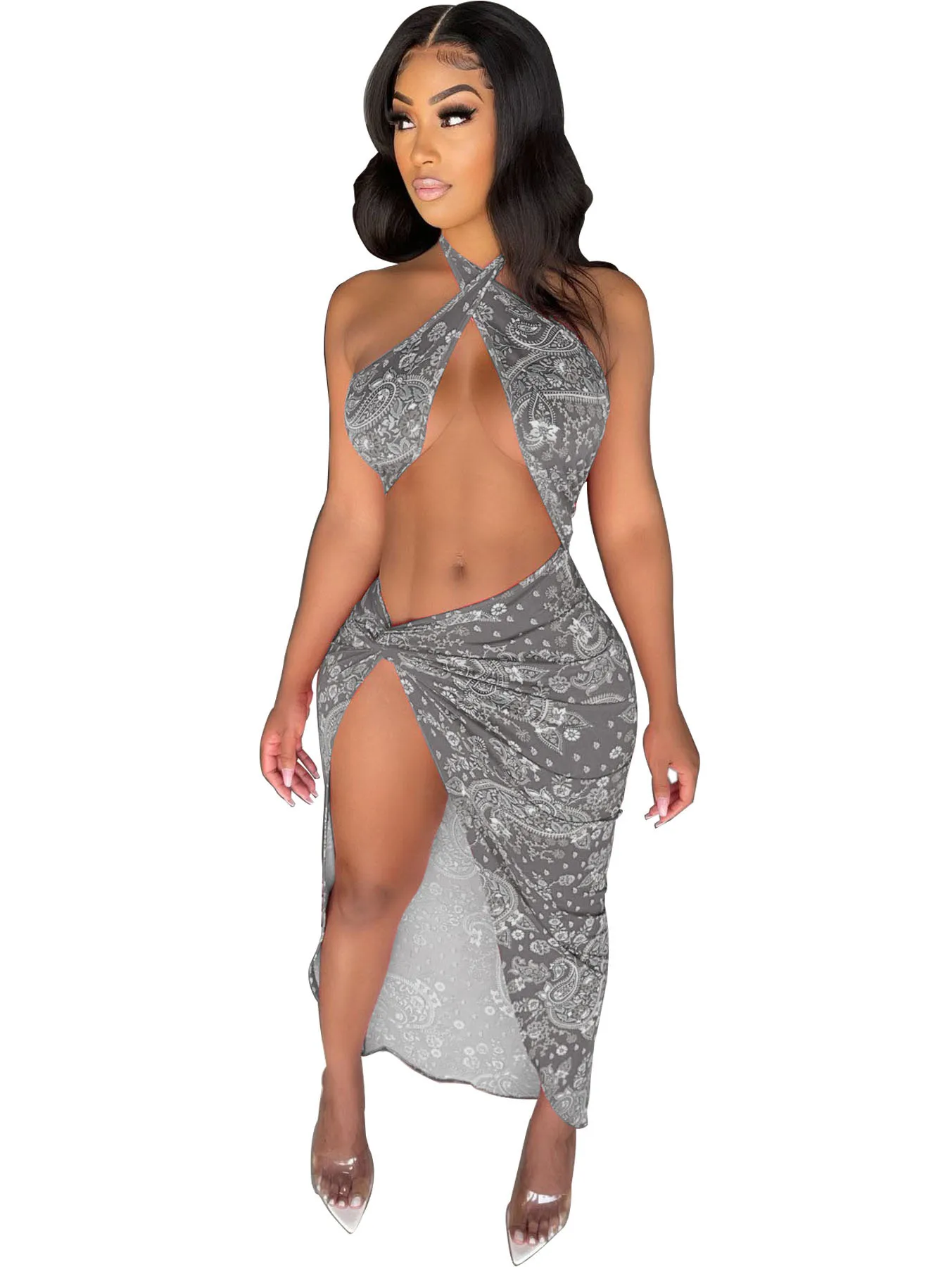 

Elegant Deep V Neck Print Boho Long Dress New Sexy Criss-Cross Hollow Out Beach Dress Summer Women Sleeveless Maxi Dress