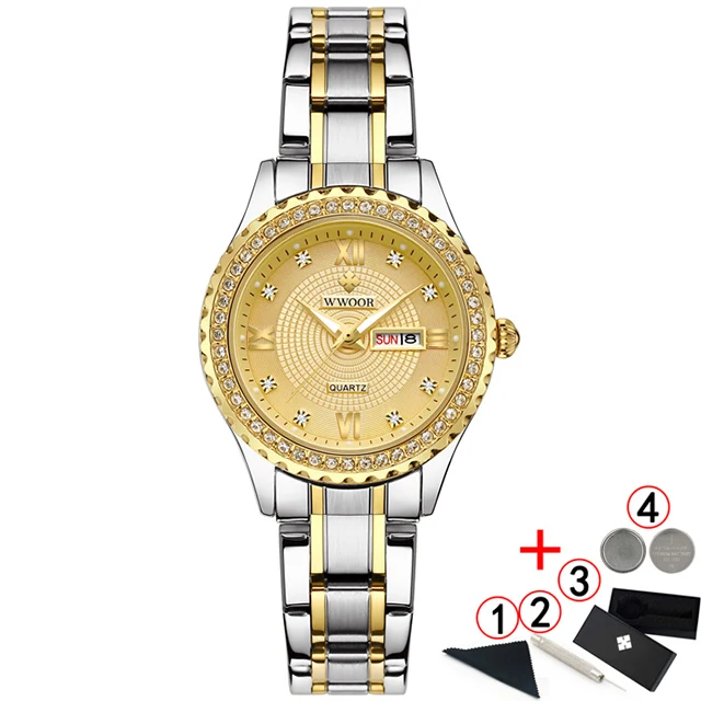 silver gold box Новинка WWOOR женские часы Топ люксовый бренд модные повседневные женские кварцевые наручные часы из нержавеющей стали Сетчатое платье часы для девочки - Цвет: silver gold box