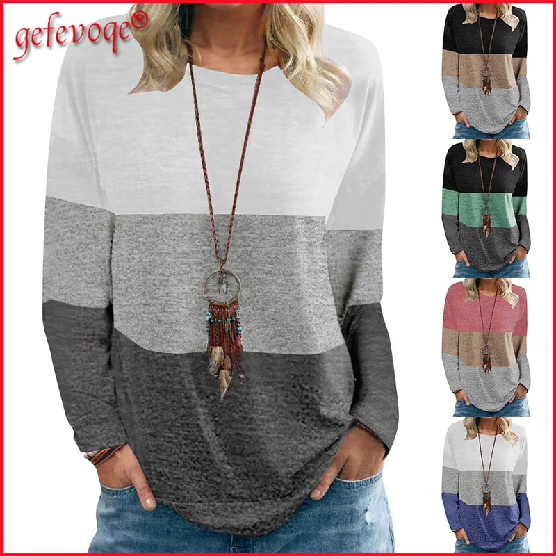 

Autumn Women Harajuku Patchwork T-shirt Loose Casual Tops Round Neck Long Sleeve Tees Streetwear Aesthetic Stripe Printed Shirt