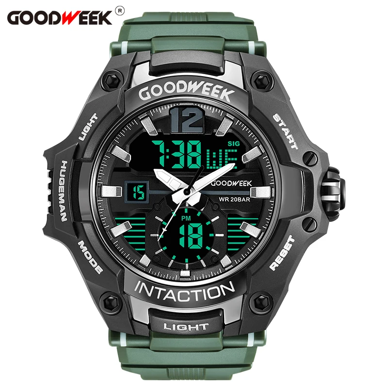 armygreen GOODWEEK спортивные часы с большим циферблатом для мужчин, водонепроницаемые цифровые кварцевые часы с Led двойным дисплеем, часы с хронографом, Relogios Masculino - Цвет: armygreen