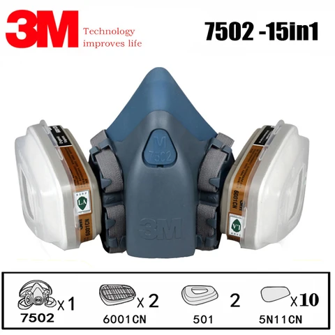 Респираторная маска 3M 7502, 15 в 1, подходит для промышленного окрашивания, распыления, пыли, противогаз с 3M 501 5N11 6001CN, химическая полумаска