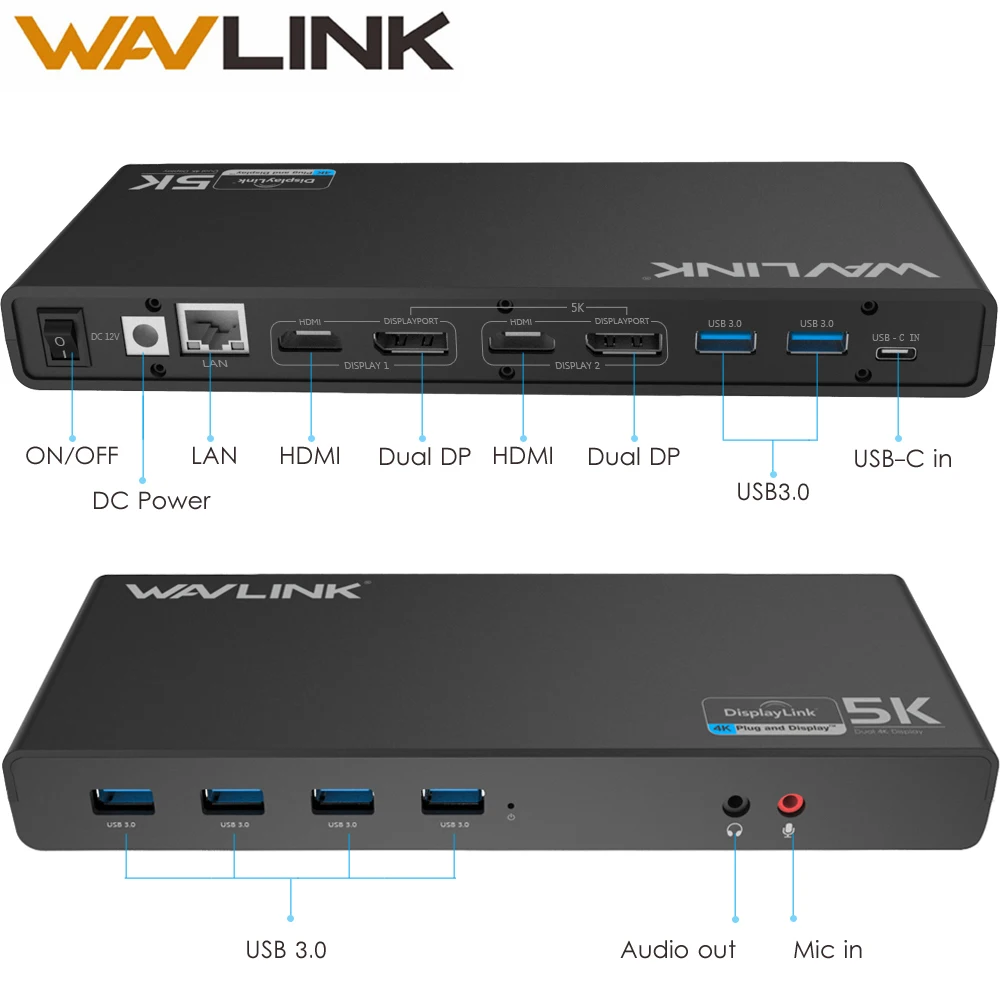 WAVLINK универсальная ультра 5 к док-станция USB-C двойной дисплей USB3.0 видео аудио выход Поддержка HDMI/DISPLAYPORT GIGABIT для MAC