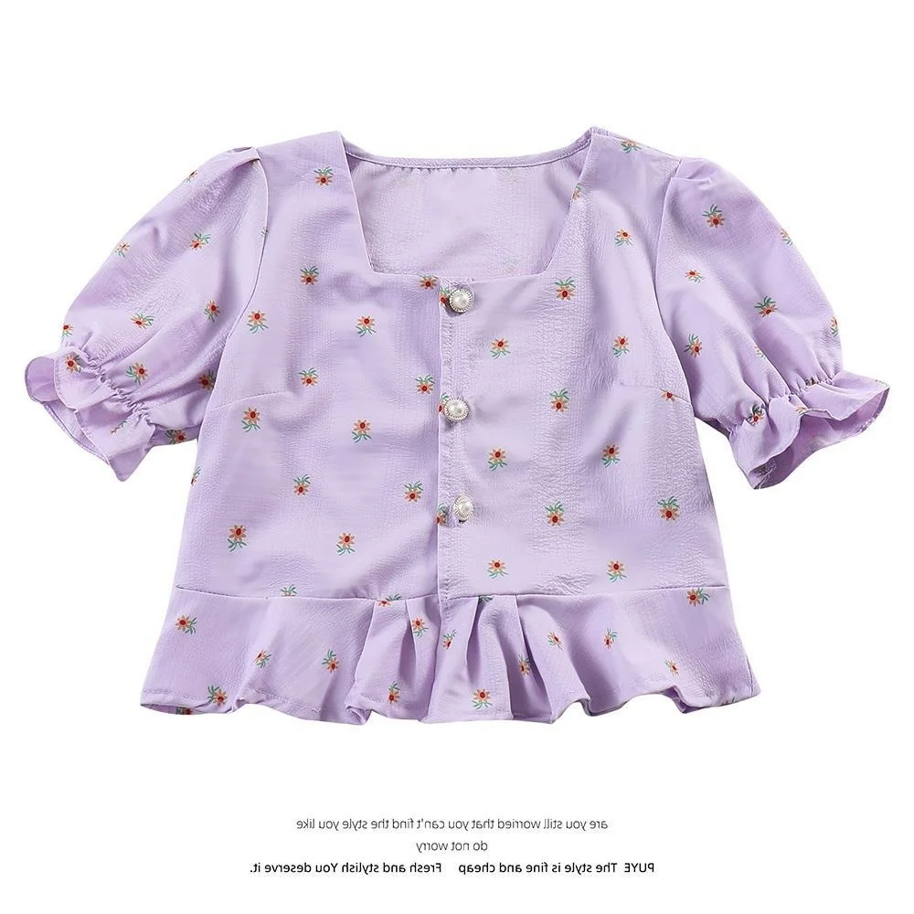 

Floral Blouse Women 2021 Summer French Square Neck Bubble Sleeve Sweet Design Short Shirt Ez*