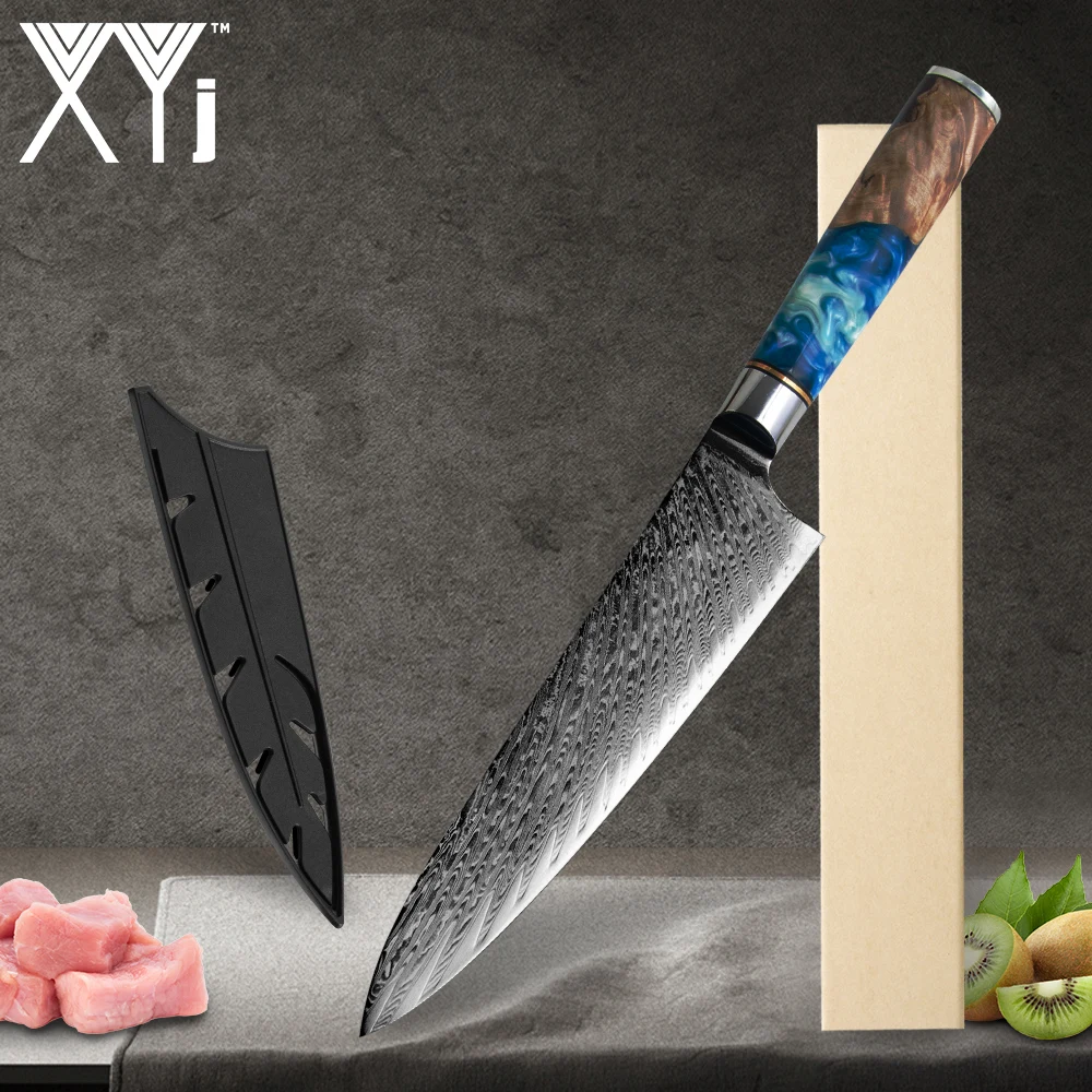 XYj Дамасская сталь 8 дюймов кухонный нож шеф повара красота узор легкий усилие