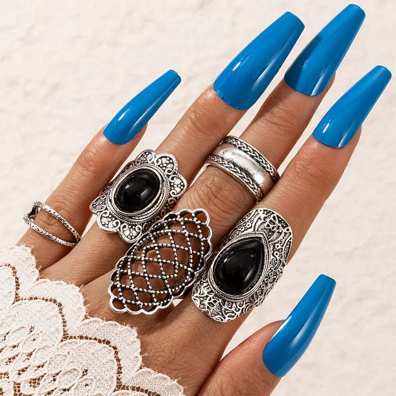 

Docona 5pcs/sets Ancient Silver Color Geometric Joint Rings for Women Gothic Black Big Rhinestone Metal Rings Set Jewelry Anillo