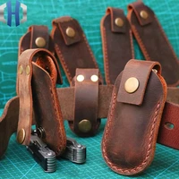 7 designs first layer crazy horse cowhide leather folding knife tool pliers quick button case sheath waistband belt buckle