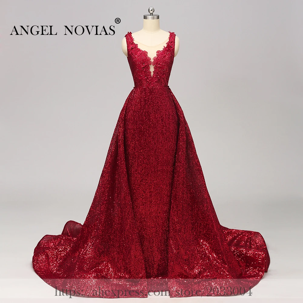 

ANGEL NOVIAS Long Abendkleider Mermaid Burgundy Sequin Dubai Arabic Evening Dress 2019 With Detachable Skirt Robe De Soiree Long