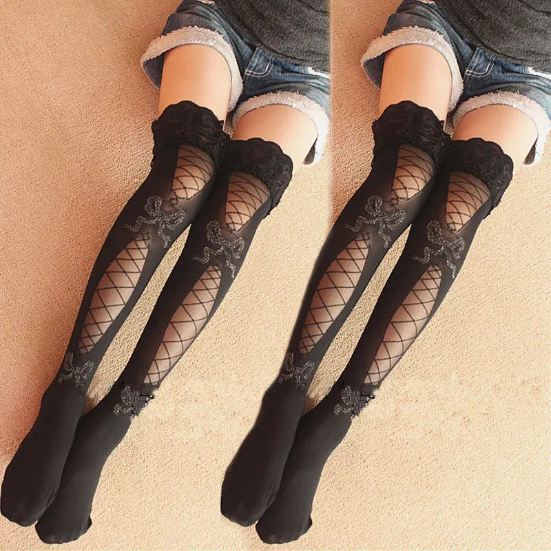 New Fashion Womens Sexy  Lace Top Thigh Black Love Bow\High Stockings Pantyhose Collant Bas