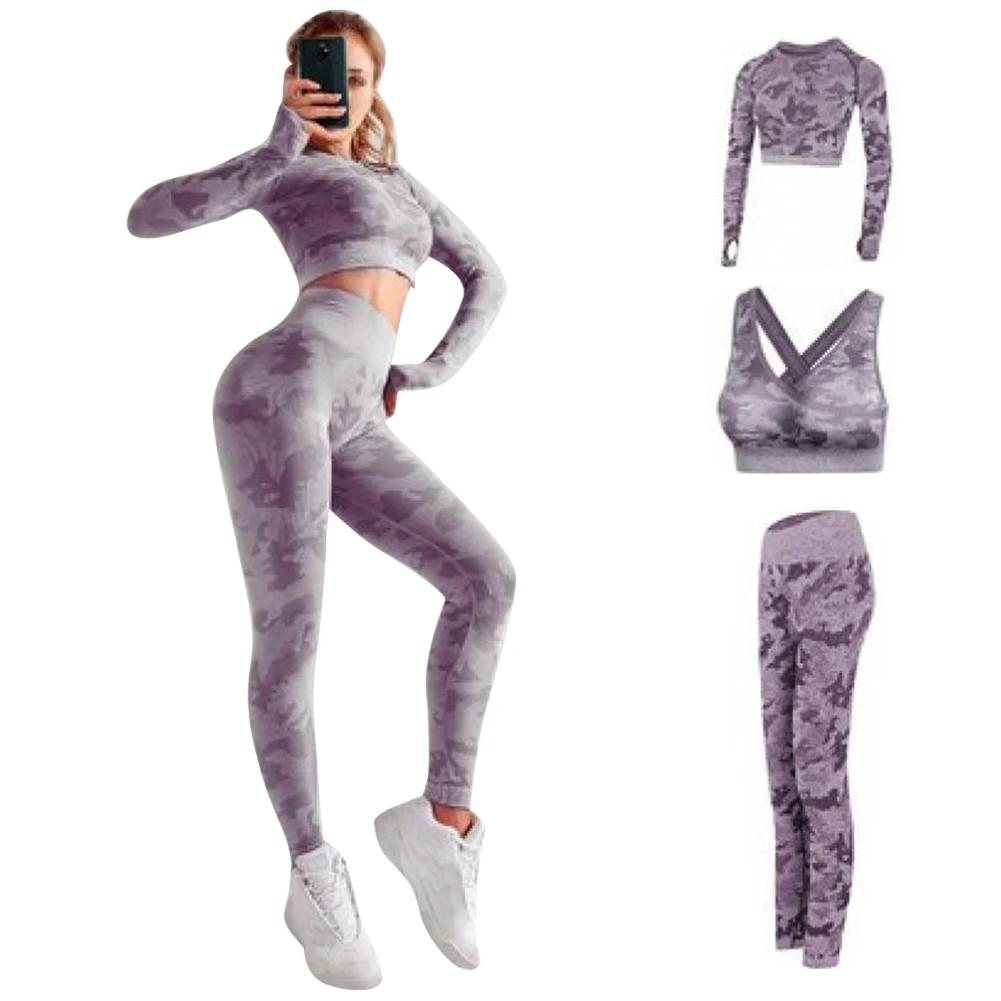 

Женский комплект из 3 предметов, бесшовный комплект для йоги, спортивные костюмы для фитнеса, короткий топ с длинными рукавами, рубашки, легг...