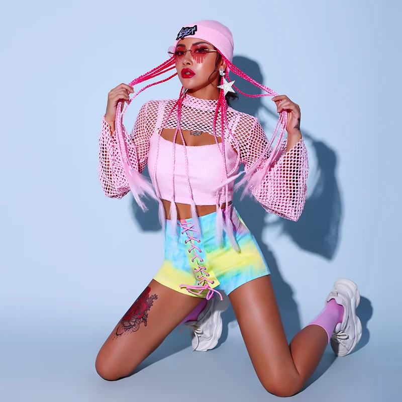 

Танцевальный Костюм Tie-dye джаза, женская танцевальная одежда в стиле хип-хоп, костюм для выступлений, костюм в виде рейвы, костюм для чирлидин...