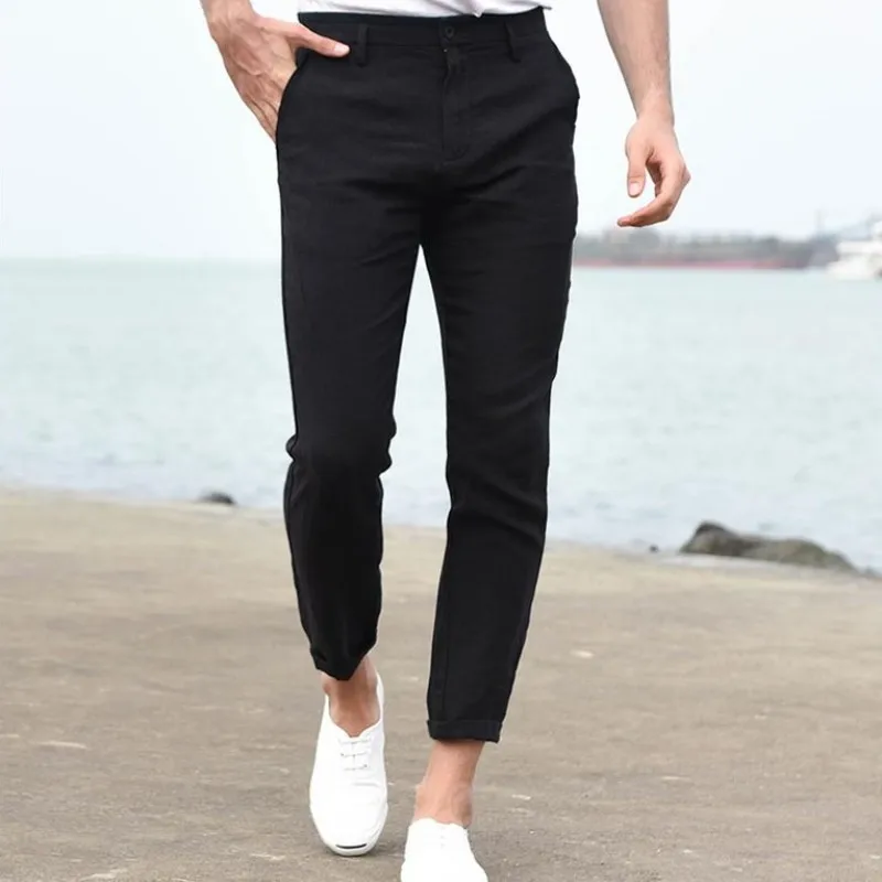 

Summer Mens Business Casual Pants Fashion Solid Color Simple Linen Slim Fit Straight Ankle-Length Pants Men Harajuku Sweatpants