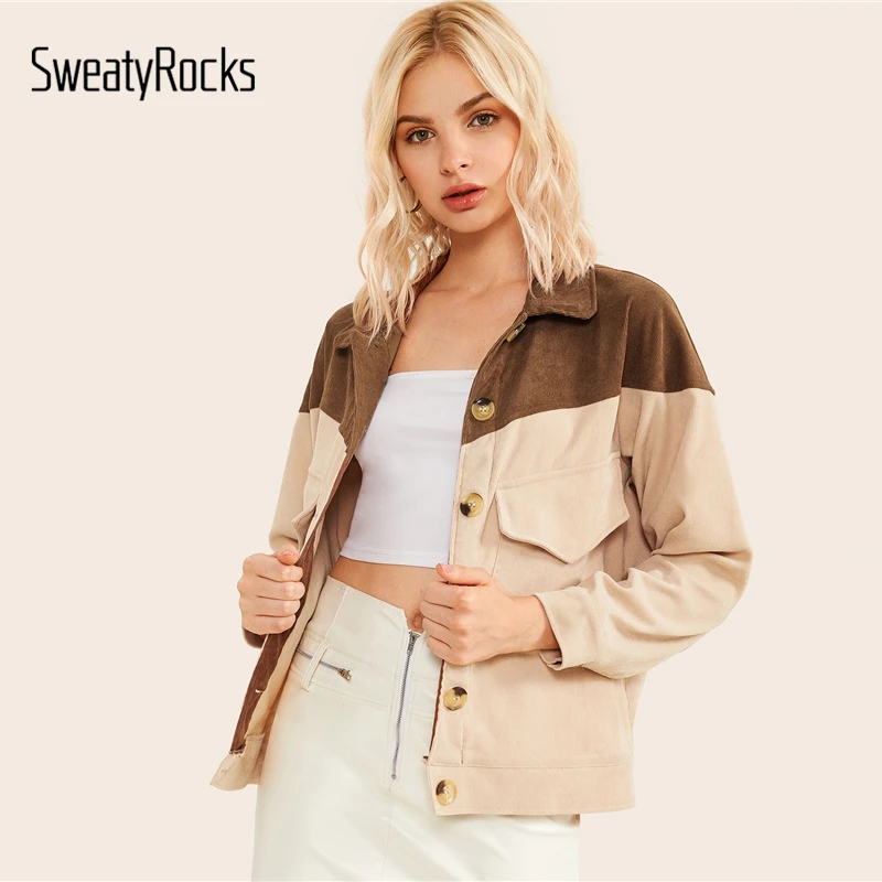 SweatyRocks двухцветная Вельветовая куртка с двойным клапаном спереди, уличная одежда, женские куртки цвета хаки, осень, однобортные повседневные пальто