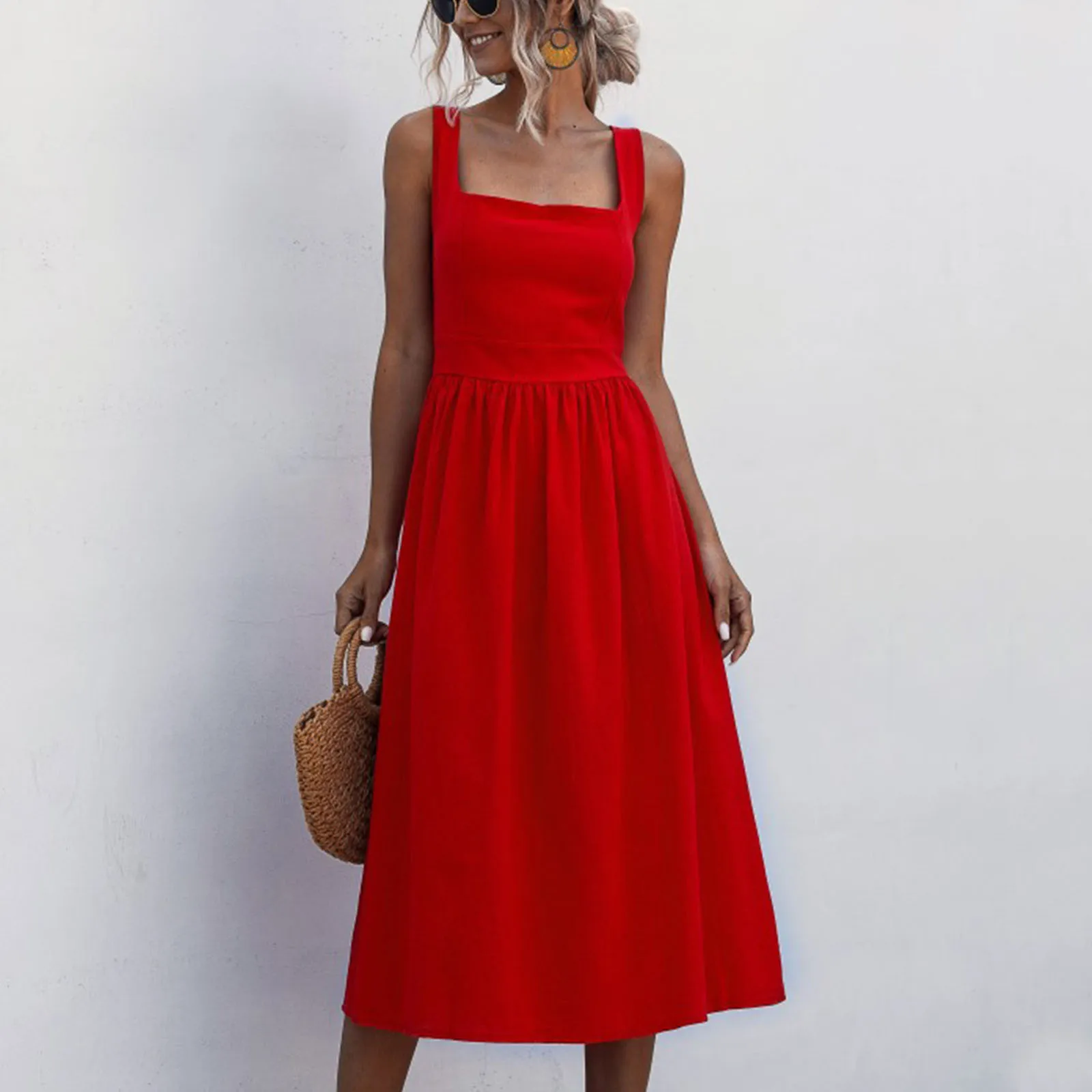 

40# Vintage Tank Dress Sexy Square Collar A Line Dress Solid Color Summer Dress 2021 Vintage Boho Dress Boho Vestido De Mujer