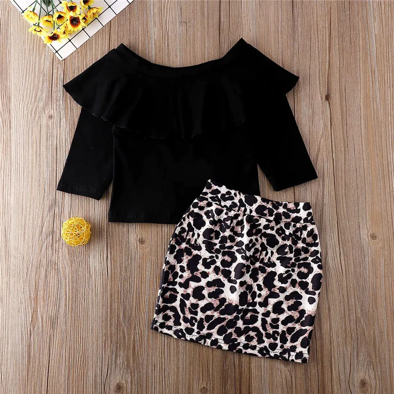 1-5T Fashion Toddler Kids Baby Girls Leopard Clothes set off Shoulder Long Sleeve Tops Skirt Dress Elegant Streetwear Outfit | Детская