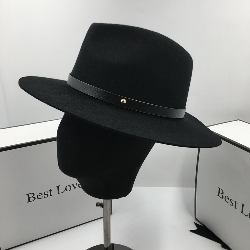 in winter New euramerican style black wool hat for men and women Belt fedoras