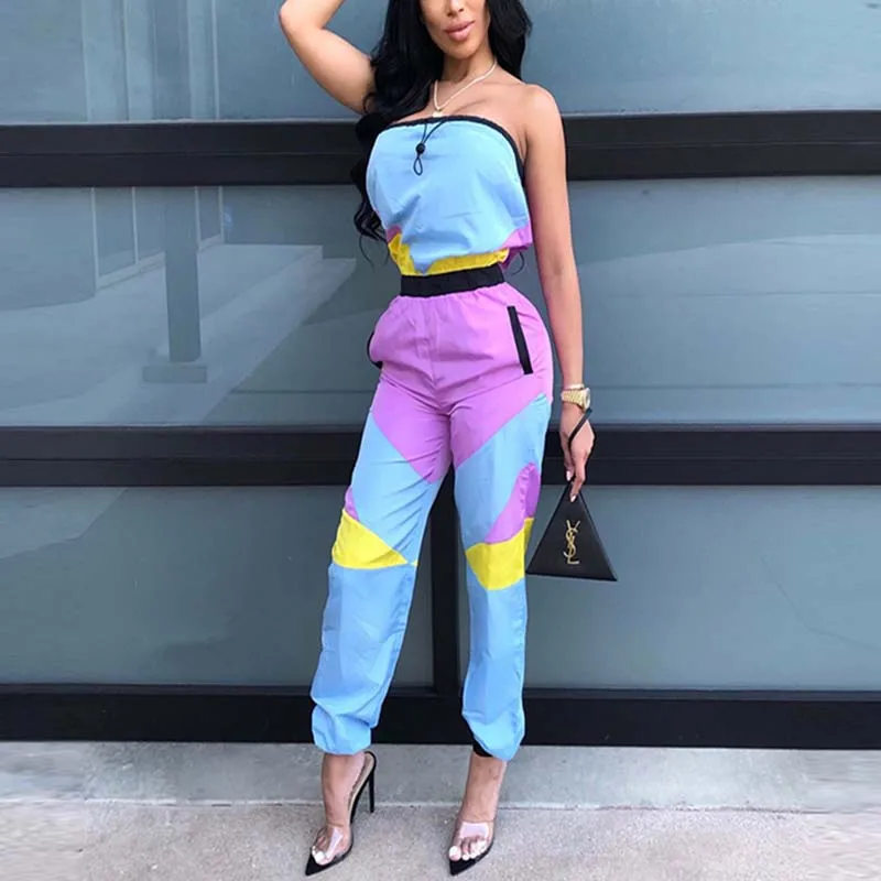 Женский Облегающий комбинезон без рукавов с цветными блоками повседневный в