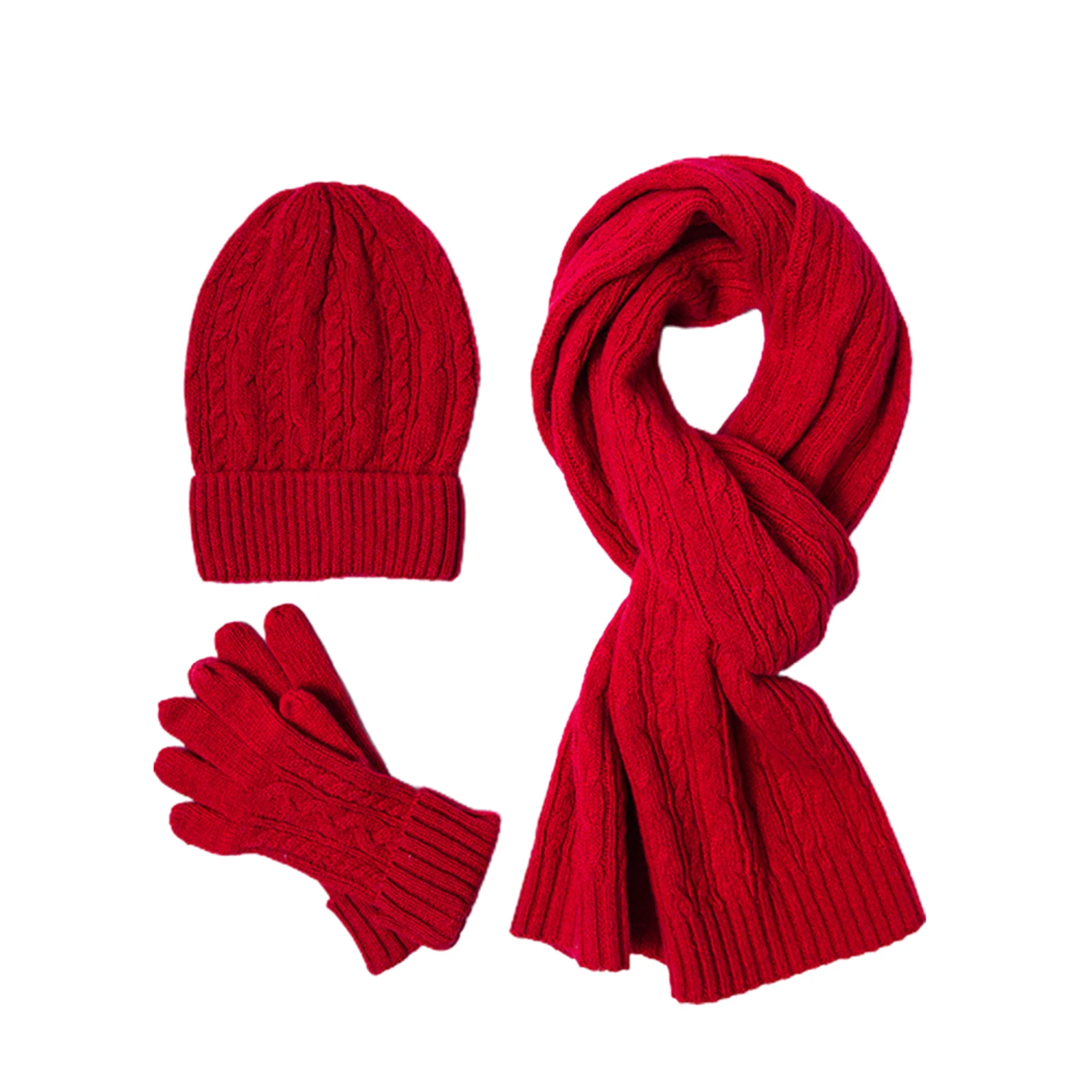 

Women Men Snowboarding Gift Soft Windproof Cable Knit Skiing Solid Casual Outdoor Sports Scarf Glove Hat Set Daily Winter Warm
