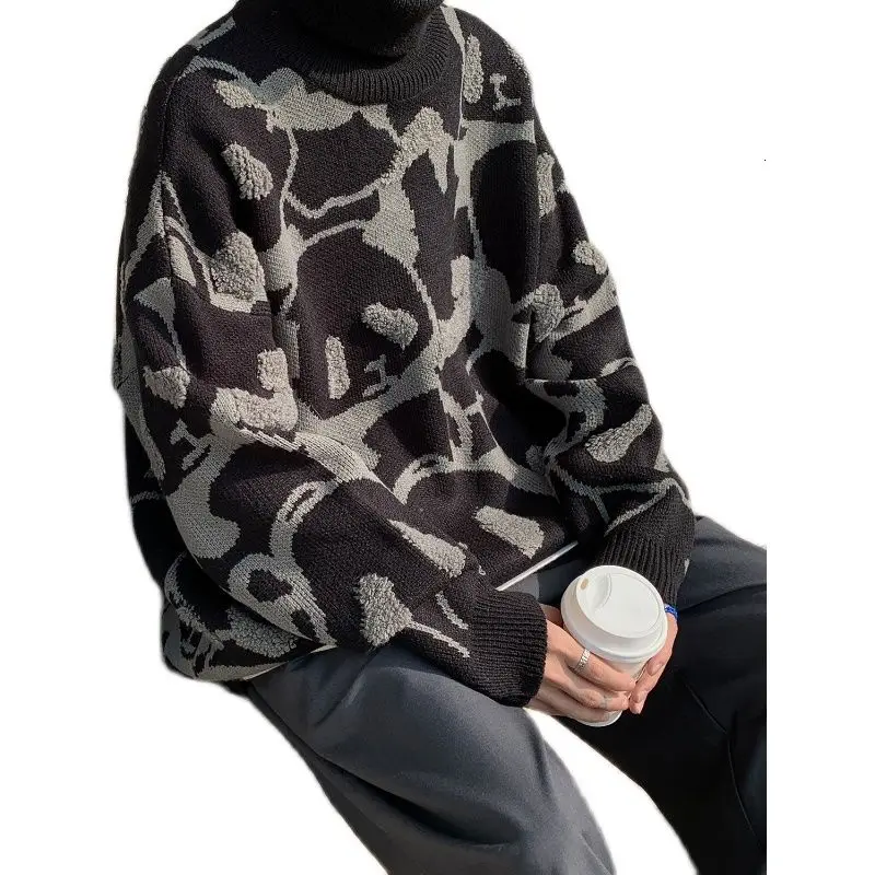 Мужской свитер с высоким воротом вязаный пуловер рисунком панды зимняя