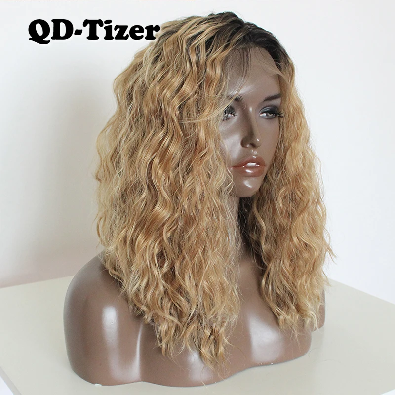QD Tizer короткие волосы боб синтетические кружевные передние парики блонд Омбре