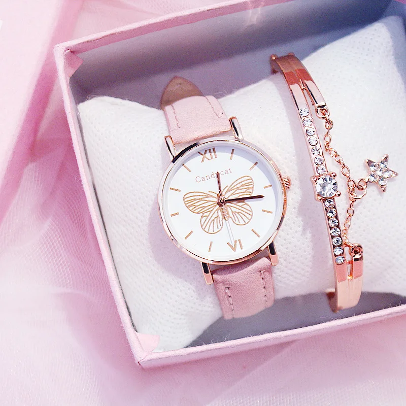 

2021 Fashion All-match Bracelet Set Watch Children's Student Simple Leather Strap Watch Cute Butterfly Girl Kids Quartz Watch