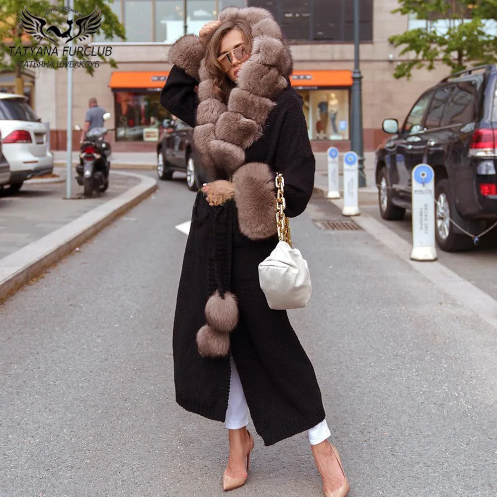 120cm Long Cashmere Fur Coats With Hood Natural Whole Skin Fox Fur Wool Blends Coat Women Fashion Fur Overcoats Female Luxury