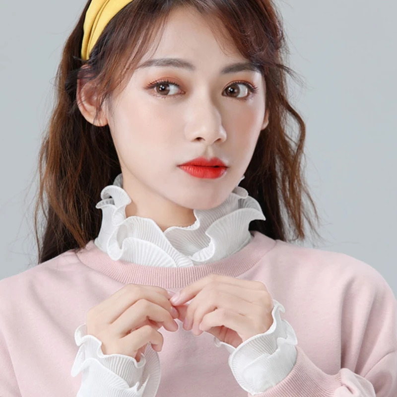 

Women 2Pcs Ruffled Stand False Collar Half Shirt with Fake Cuffs Wristband Set