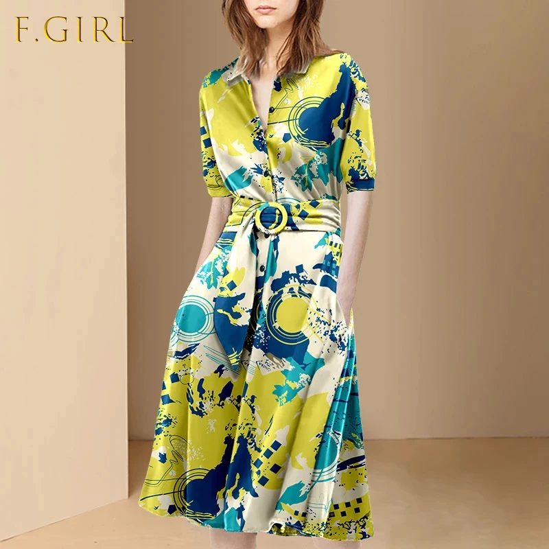 

New Arrival Women Summer European Runway Designe Turn Down Collar Slim Yellow Print Fashion Belt Work Wear Casual Shirt Dresses