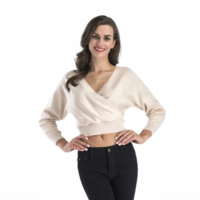 Женский трикотажный свитер с длинным рукавом летучая мышь и глубоким V-образным