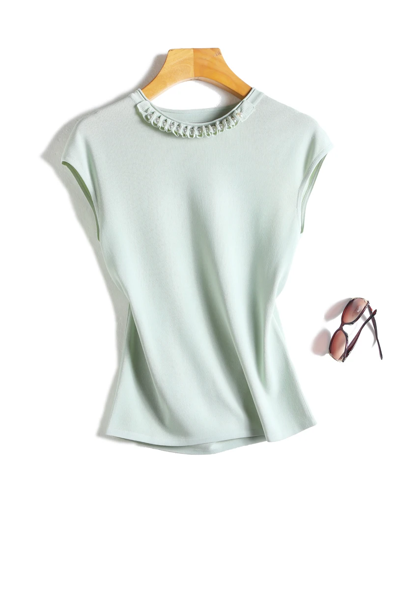 

Mint green pearl buckle lace collar sleeveless sleeve ice silk knit sweater top women summer tank top women plus size