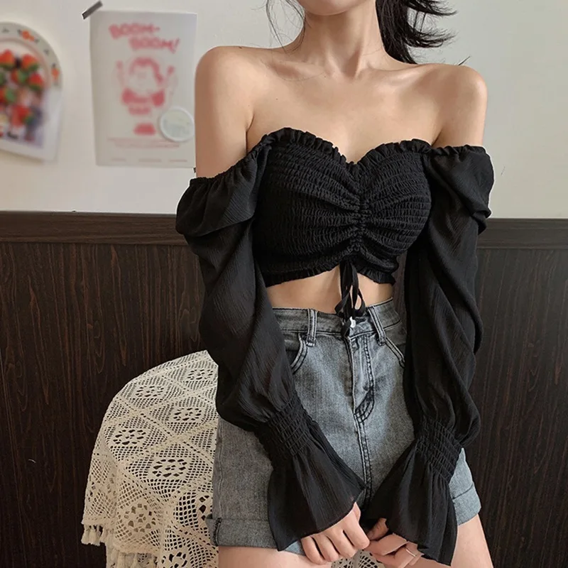 

Women Tops Square Collar Sexy Corset Top Sweet Pleated Solid Navel Exposed Chiffon Long Sleeves Shirt Blouses Women Clothes