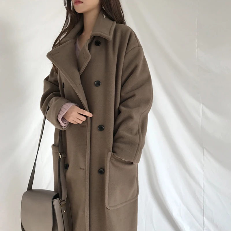 

Korean Style Long Woolen Overcoat For Women 2020 Autumn Winter Warm Double Breasted Coats Women's Long Lapel Vintage Jackrts