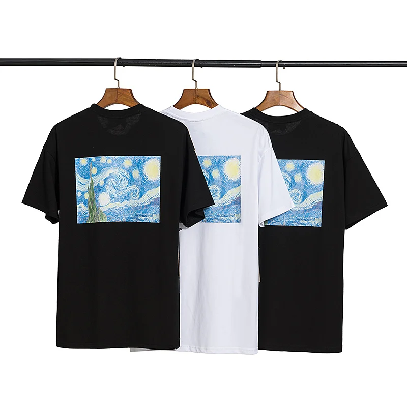 

Футболка мужская хлопковая с коротким рукавом, базовая одежда в стиле хип-хоп, футболка с цифровой надписью «Звездная ночь» Ван Гога, лето