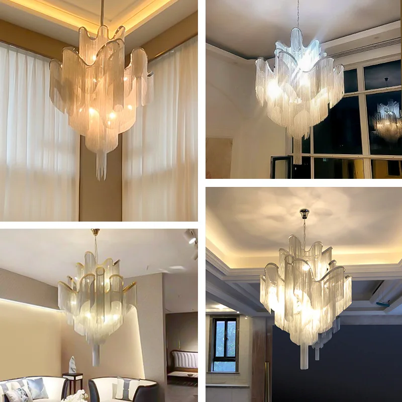 

Nordic Luxury Silver LED Pendant Lights for Hotel Hall Castle Stair Decoration Chain Fringed Hanging Lamps for Home Dining Room