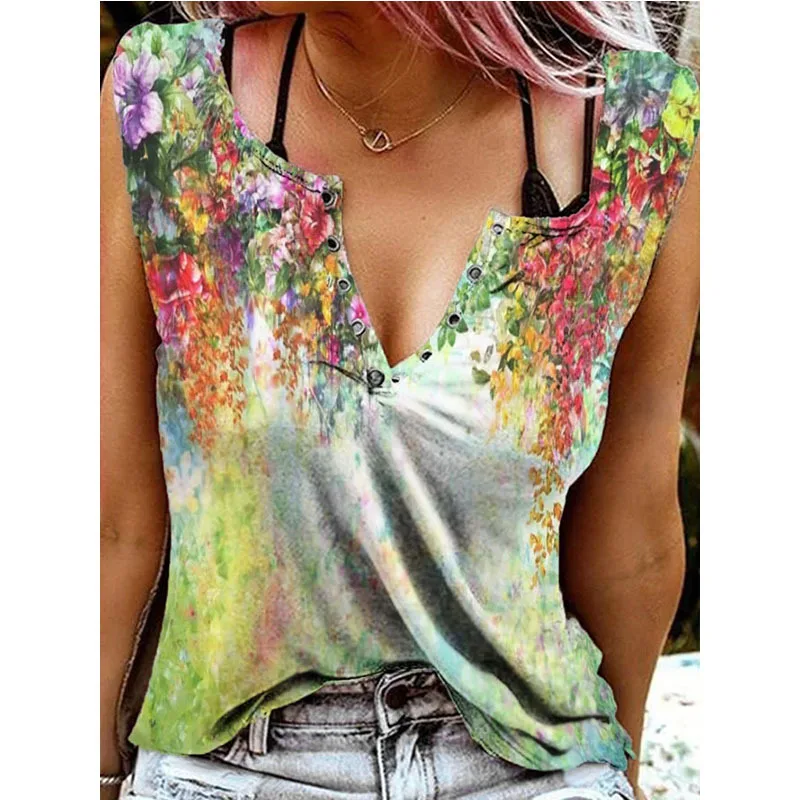

Women Fashion Summer V-Neck Digital Printing Pullover Sexy Casual Vest Loose Butterfly Print Sleeveless T-Shirt