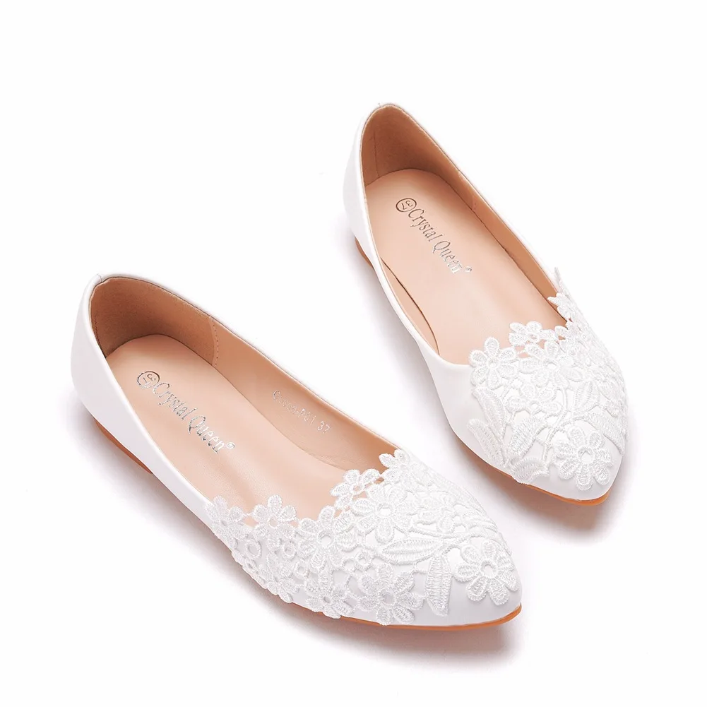 New Flat Lace Wedding Shoes Large Size 43 White Pointed Toe Casual Flat Shoes  Lace Casual Women's Shoes Low Heel Princess Flats