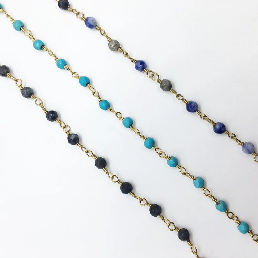 

4mm Natural Stone Chain type Connect Metal Copper DIY Handmade Flat Beads Charm men's Necklace Luxury Bracelet Femme Jewelry