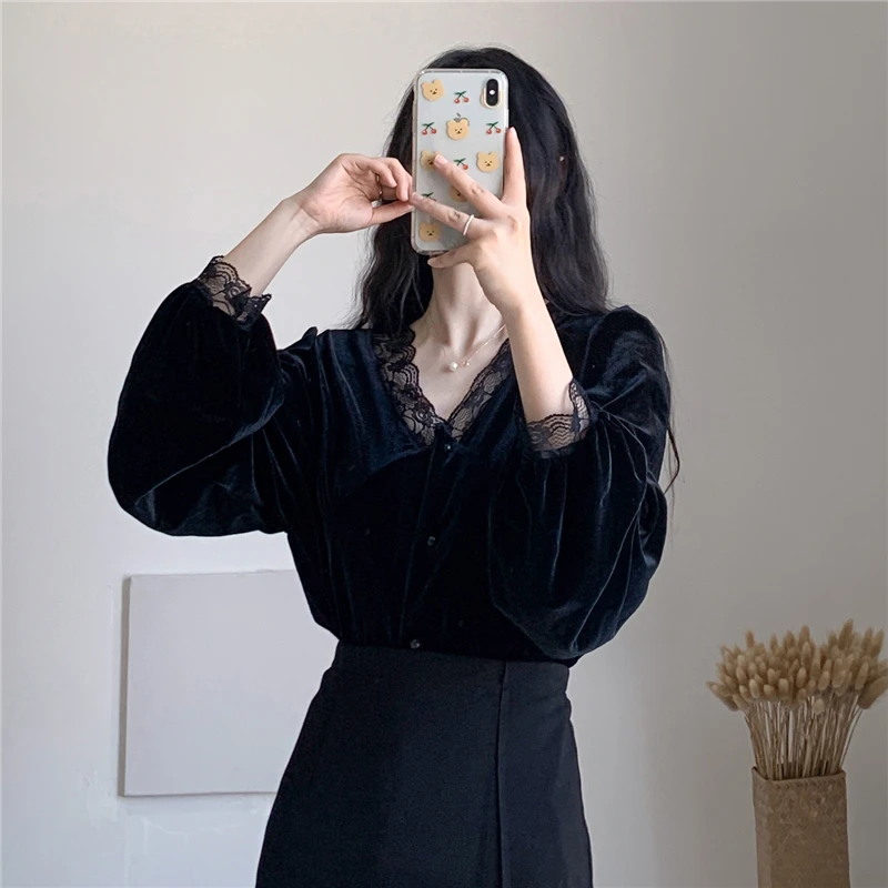 Черная блуза Pleuche Женская осенне Весенняя кружевная Лоскутная с v образным