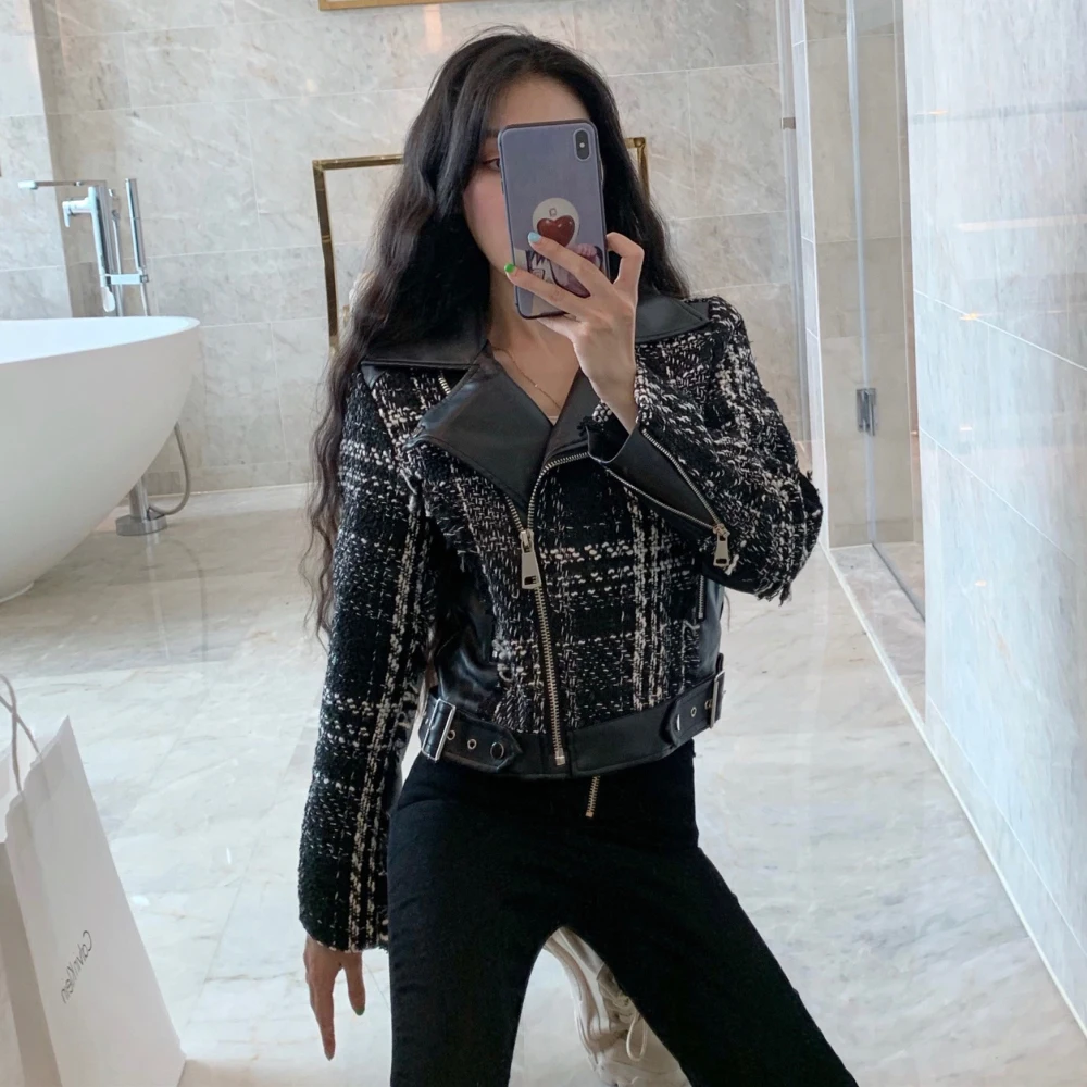 Женская твидовая куртка из искусственной кожи с отложным воротником на зиму и