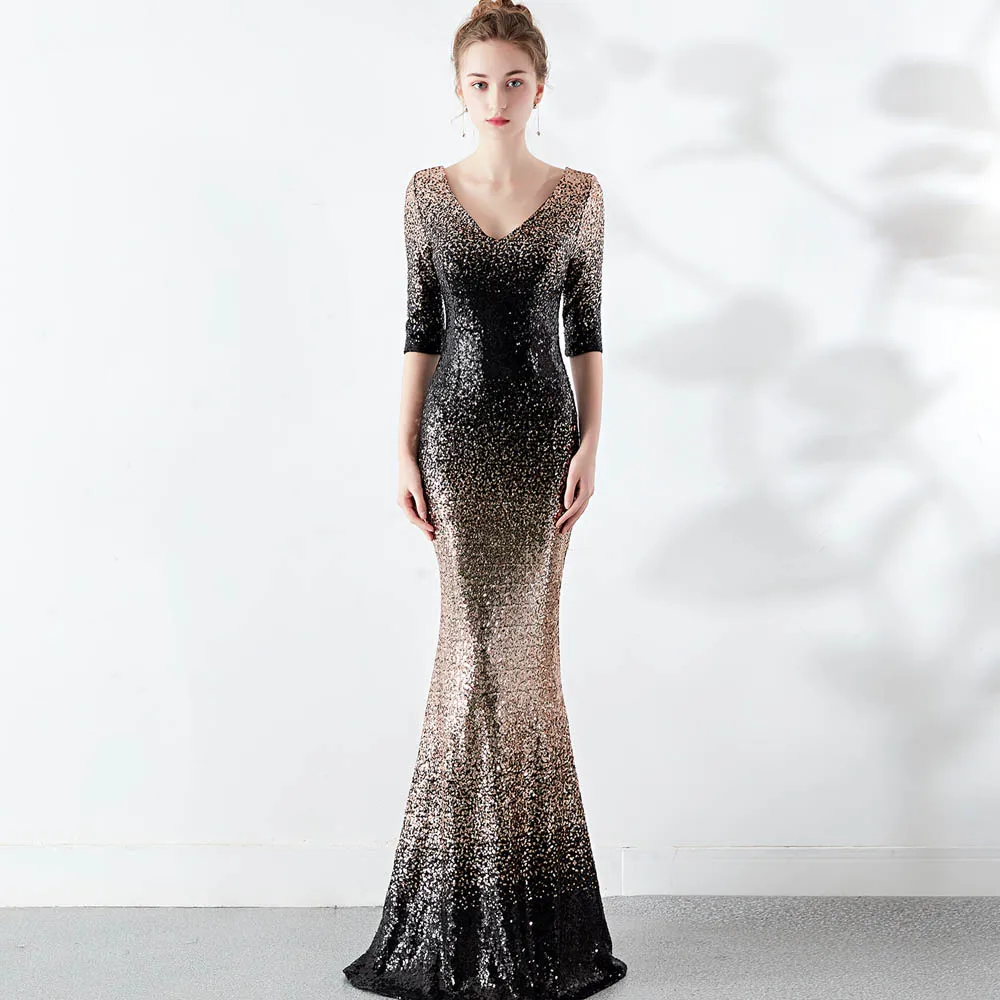 Блестящее Золотое женское элегантное вечернее платье с рукавом средней длины