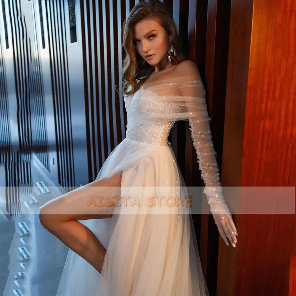 

Elegant Weddding Dresses 2021 Sweetheart Neck Side Split Long Sleeve Dots Tulle Court Train A-Line Bridal Gowns Vestido De Novia