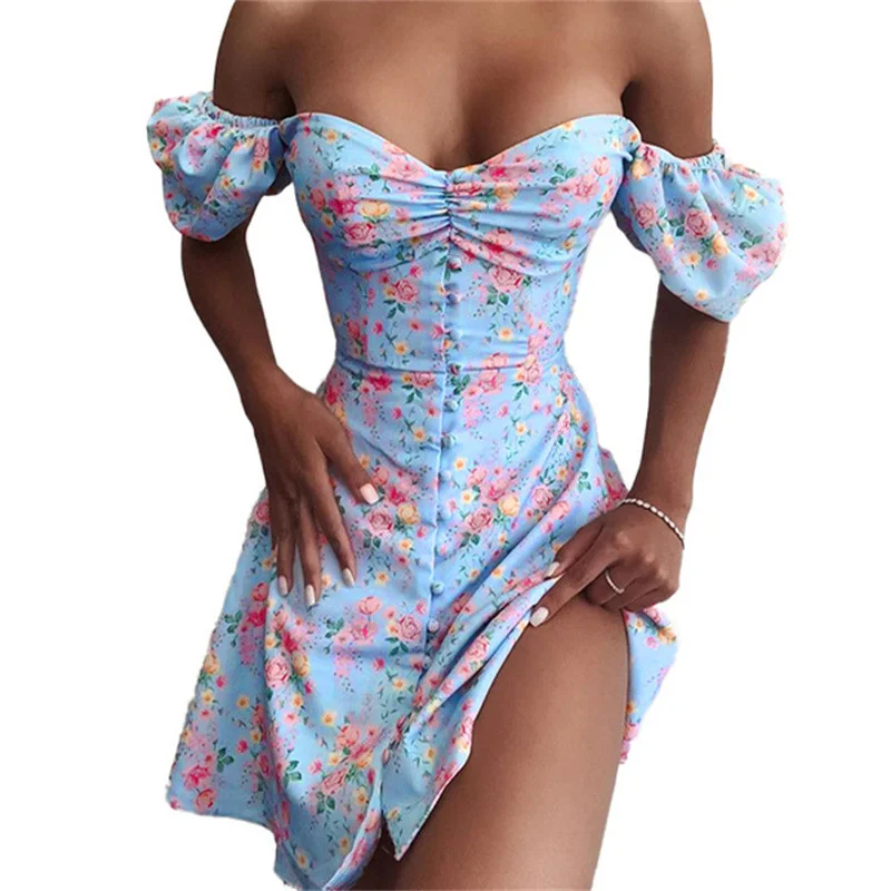 

2021 New Sky Blue Floral Lantern Sleeve Waist Dress with One Neck and Breast Wrapped Dress for Women Women Summer Dress